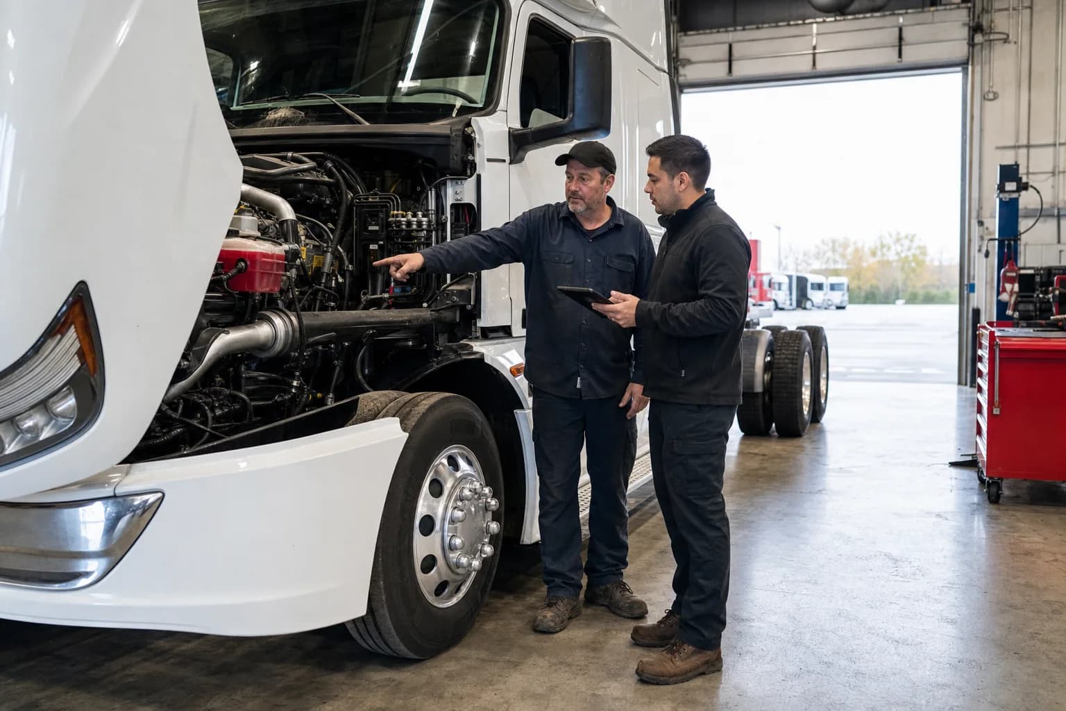 Liquid Gold Trucking Williston technician and buyer inspecting a truck engine